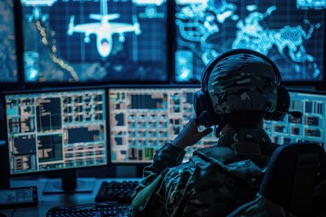 Aufkleber - A military officer sits in front of two computer monitors, likely conducting operations or monitoring systems