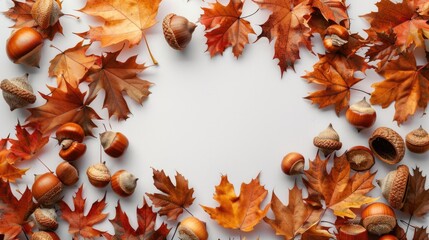 Poster - A creative arrangement of autumn leaves and acorns in a circular shape