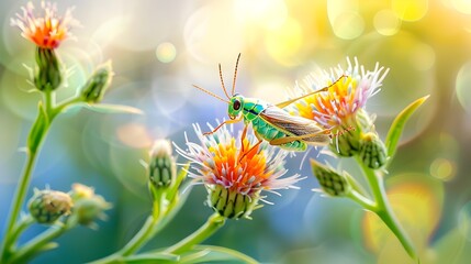 Wall Mural - Vibrant Green Grasshopper on a Flower.