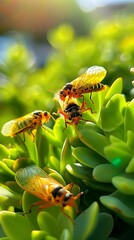 Wall Mural - Three Yellow Insects on Green Succulent.