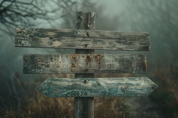 Poster - A weathered wooden sign sits in the middle of a rural field, surrounded by lush green grass and wildflowers
