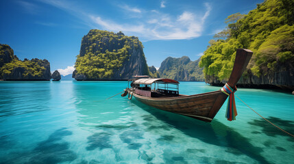 A tropical paradise with clear waters, sandy beaches, and boats floating in the sea under a bright sky