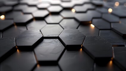 Poster - 3d render of black hexagon tiles with white lights shining through, high resolution