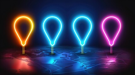 Poster - Bright neon geo location pins in vibrant hues stand out strikingly against a black backdrop, ideal for mapping and navigation use.