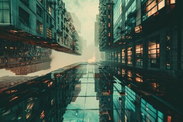 Canvas Print - Urban scene with tall buildings and a small puddle of water on the sidewalk