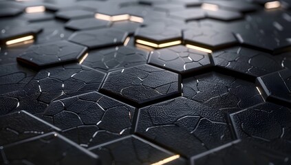 Poster - 3d render of black hexagon tiles with white lights shining through, high resolution