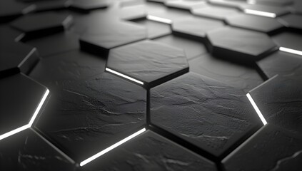 Poster - 3d render of black hexagon tiles with white lights shining through, high resolution
