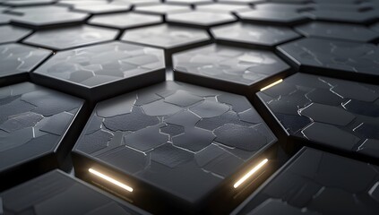 Poster - 3d render of black hexagon tiles with white lights shining through, high resolution