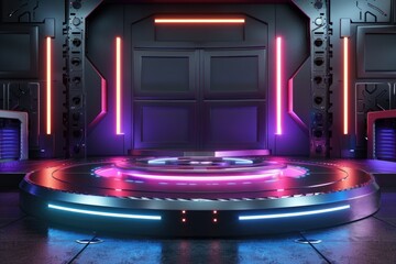 Poster - Futuristic stage lit by neon lights in a dark room, ideal for concerts or presentations