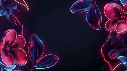 Poster - A vibrant display of neon-lit flowers with blue and red outlines against a deep black background