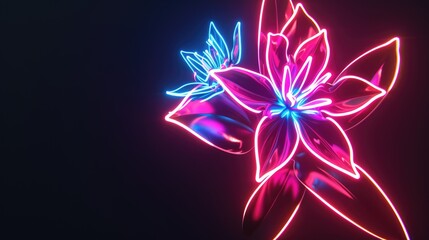Poster - A close-up view of a stylized flower, glowing with vibrant pink and blue neon light, against a dark background