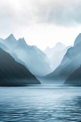 Poster - A serene lake surrounded by towering mountains, perfect for outdoor enthusiasts or nature lovers