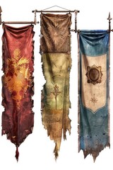 Poster - A row of four different colored banners hanging from a rope