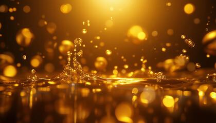 Canvas Print - Golden Liquid Drops in Midair Against a Soft Background 