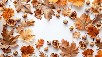 Poster - A group of leaves and acorns arranged on a white surface