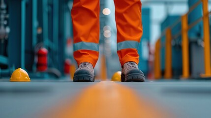 A construction worker in orange safety gear stands confidently on a marked path, showcasing safety and professionalism in industry.