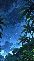 Wall Mural - monsoon rain in a tropical jungle anime