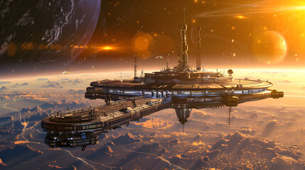 Luminous futuristic space station centered in orbit around a colorful, mysterious planet in galaxy.