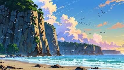 Wall Mural - sea cliffs with nesting birds anime