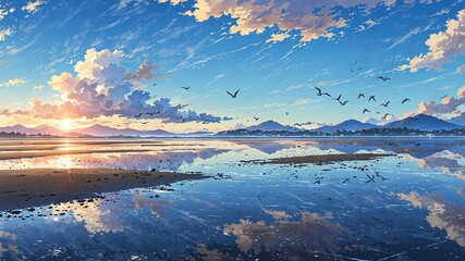 Wall Mural - tidal flat with seabirds anime