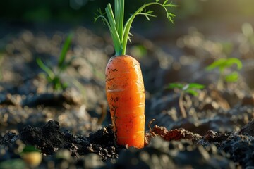 Freshly harvested carrot standing proudly in rich soil, showcasing vibrant orange color and green tops against a soft background.