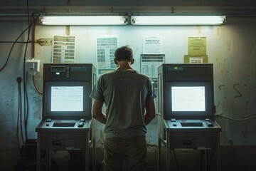 Aufkleber - A person sitting at a desk with multiple computer screens, ideal for presentations or working