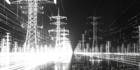 Poster - Black and white photo of power transmission lines