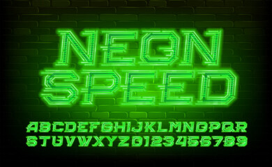 Aufkleber - Neon speed alphabet font. Green neon letters and numbers with speed effect. Stock vector typescript for your design.