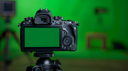 Isolated against a green background, the DSLR camera is on a tripod with an empty screen. The green screen chromakey