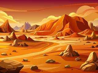 Wall Mural - Cartoon vector illustration of surface panorama landscape, sand hills with stones on a deserted planet, background 