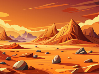 Wall Mural - Cartoon vector illustration of surface panorama landscape, sand hills with stones on a desert planet, background 