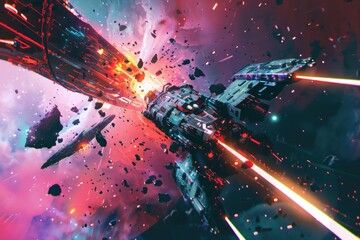 Aufkleber - A sci-fi scene with a spaceship in the foreground and another one in the background