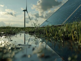 A serene landscape featuring solar panels and a wind turbine, illustrating renewable energy in a natural setting.