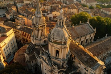Poster - Aerial shot of a city with a prominent clock tower in the center, ideal for urban or architecture-related projects