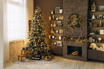 Elegant Christmas tree with blue and gold ornaments, presents beneath. Fireplace decorated with a wreath and garland, creating a warm and festive holiday ambiance