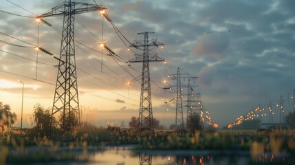 Poster - A serene body of water with power lines visible in the background, suitable for use in environmental or infrastructure-related projects