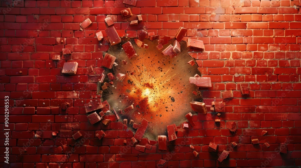 Dynamic Explosion Breaking Through Red Brick Wall with Flying Debris ...