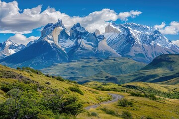 Poster - A winding road amidst a picturesque mountain range