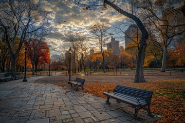Poster - A traditional wooden park bench sits in the middle of a green park, surrounded by lush trees and walking paths