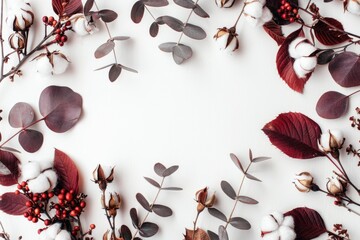 A rustic wooden table covered with vibrant red leaves