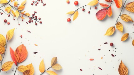 Canvas Print - Autumn leaves and berries on white background, great for seasonal designs