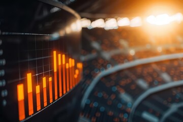 The revenue management business sustainability concept features a histogram of revenue management and sustainability practices with sunlight filtering in a stadium