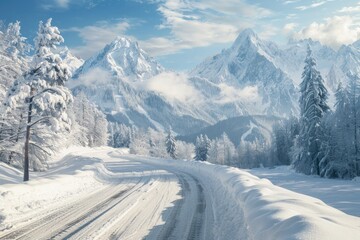 Aufkleber - Snow-covered road leads up to the base of a snowy mountain