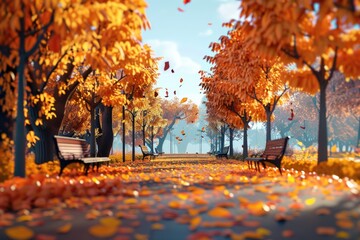 Poster - A picturesque park during autumn with vibrant colors and fallen leaves