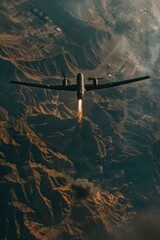 Sticker - An airplane flies high above the mountains, with rugged peaks and valleys in the background