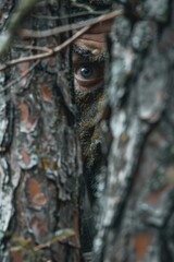 Sticker - A person's face is seen peeking out from behind a tree, conveying a sense of hiding or secrecy