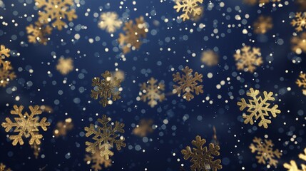 Wall Mural - A luxurious background of shimmering gold snowflakes gently falling against a deep midnight blue sky, creating a festive and opulent holiday scene.