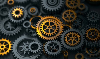 Wall Mural - abstract background of interlocking metallic gears in grey and gold, representing teamwork, industry