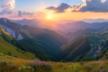 Poster - Mountain landscape with sunset in background