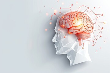 Wall Mural - Side profile of human head with paper cutout style brain and neural connections in red tones